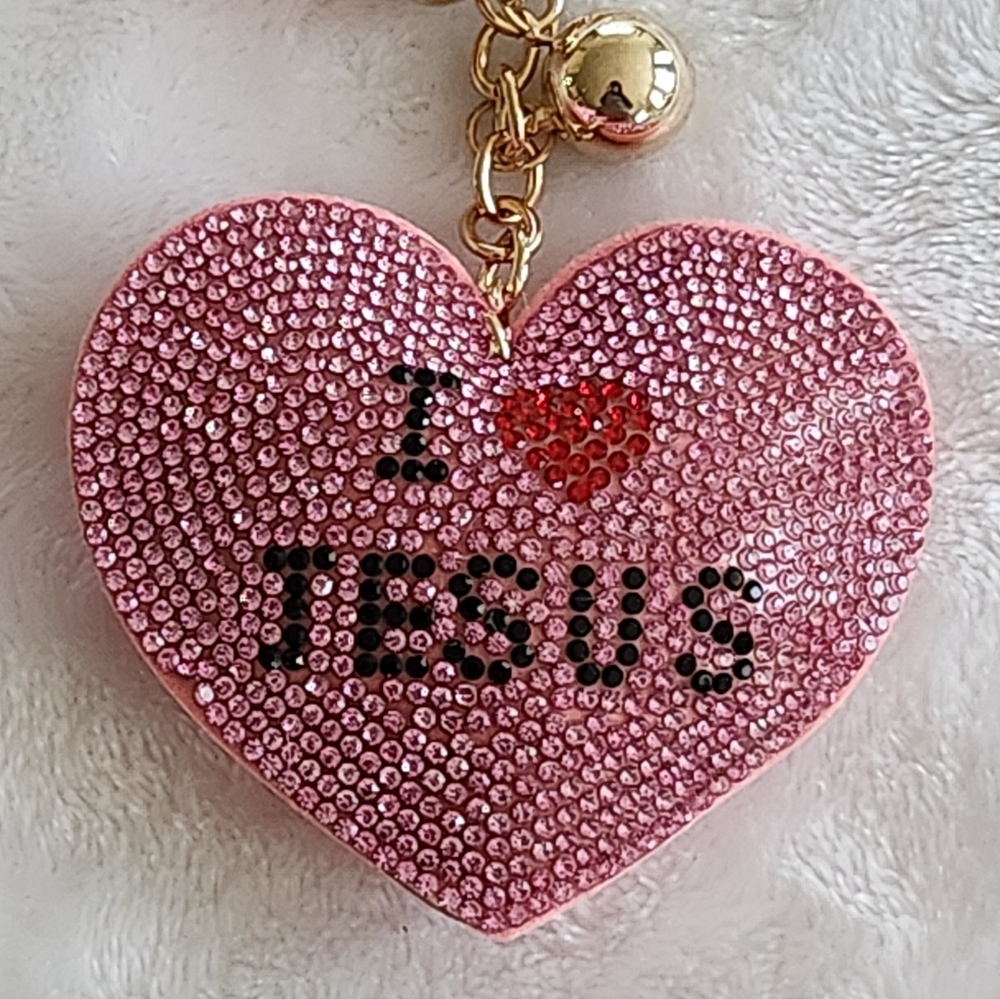 Pink I Heart Jesus Keychain with Gold Accents Bag Charm - Picture 2 of 3